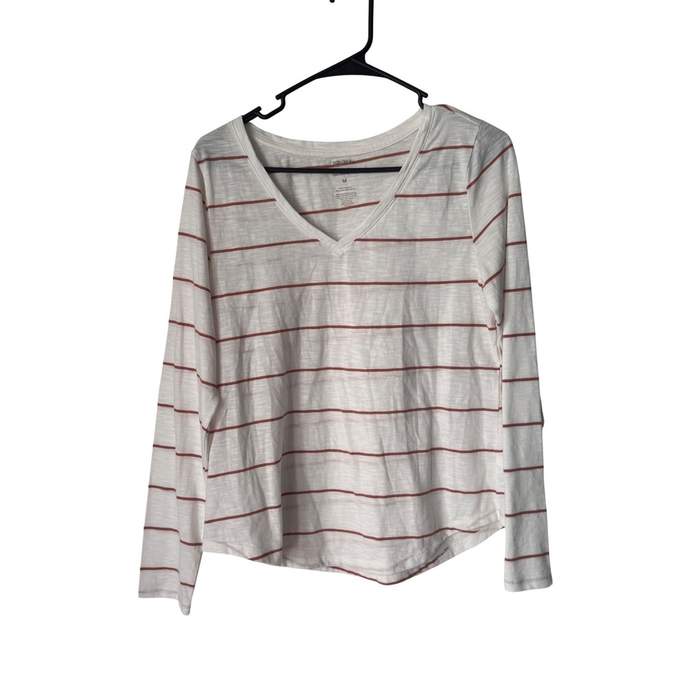 Sonoma Goods for Life The Everyday Tee White Rust Striped V-Neck Long Sleeve M